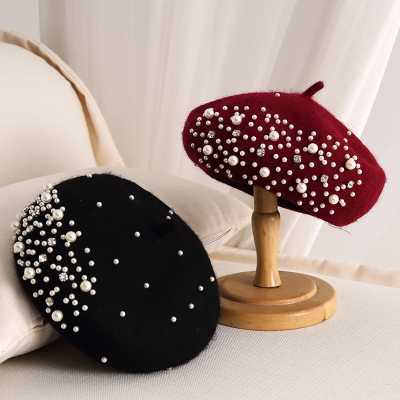 Beret French Wool - 2024 Winter Wool Beret with Rhinestone